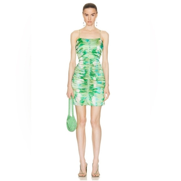 GANNI Green Ruched Silk Mini Dress NWT | Size 4 | Vacation & Y2K Vibes - Picture 3 of 4